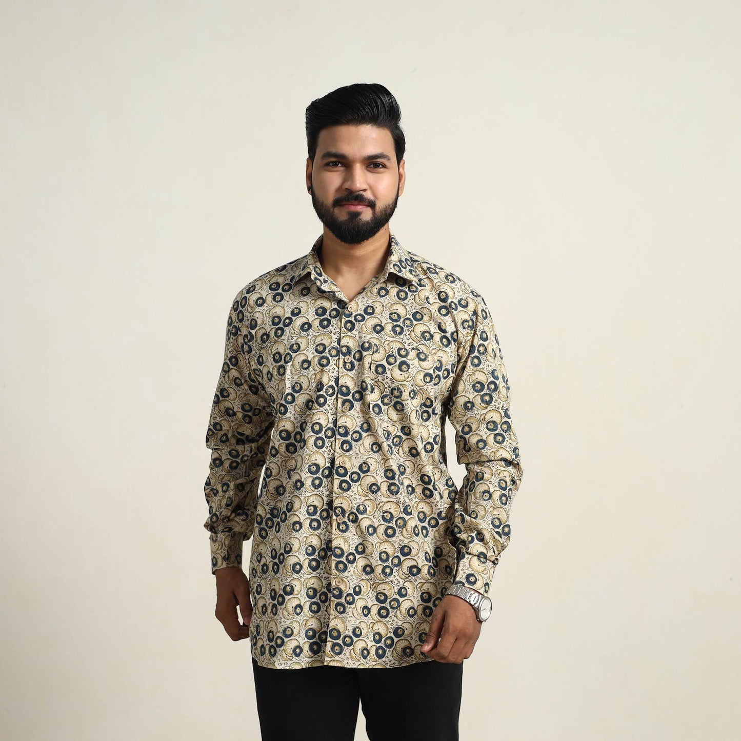  Beige Pedana Block Print Cotton Men Kalamkari Shirt