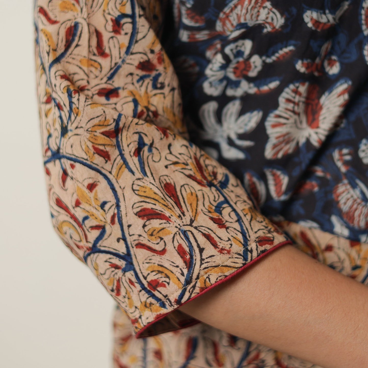 Beige Pedana Block Print Cotton Patchwork Straight Kalamkari Kurta