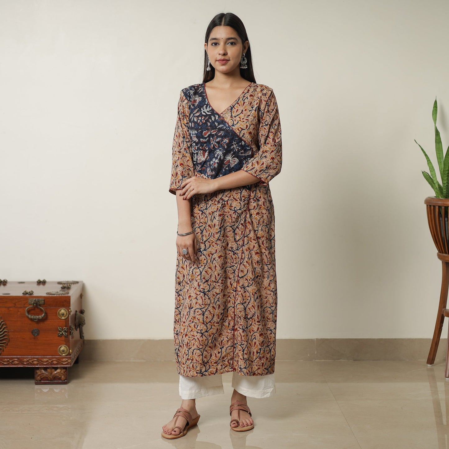 Beige Pedana Block Print Cotton Patchwork Straight Kalamkari Kurta