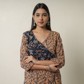 Beige Pedana Block Print Cotton Patchwork Straight Kalamkari Kurta