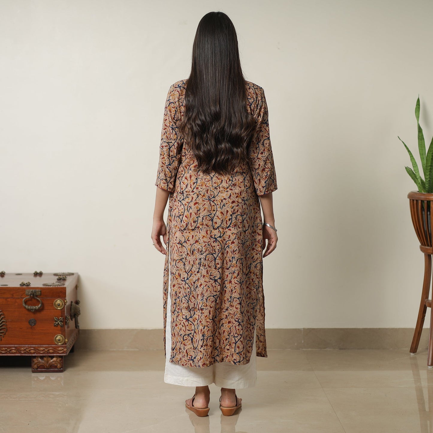 Beige Pedana Block Print Cotton Patchwork Straight Kalamkari Kurta