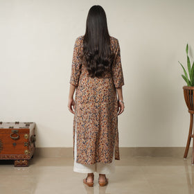 Beige Pedana Block Print Cotton Patchwork Straight Kalamkari Kurta