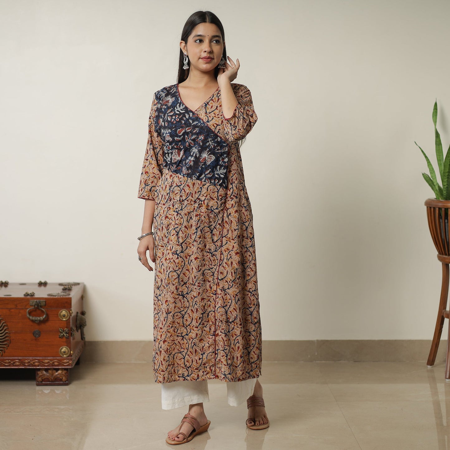 Beige Pedana Block Print Cotton Patchwork Straight Kalamkari Kurta