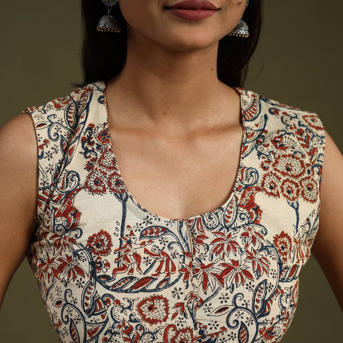 Buy Beige Pedana Block Print Cotton Stitched Kalamkari Blouse