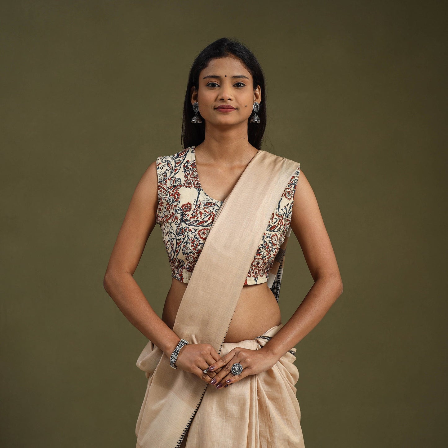 Buy Beige Pedana Block Print Cotton Stitched Kalamkari Blouse