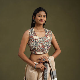 Buy Beige Pedana Block Print Cotton Stitched Kalamkari Blouse