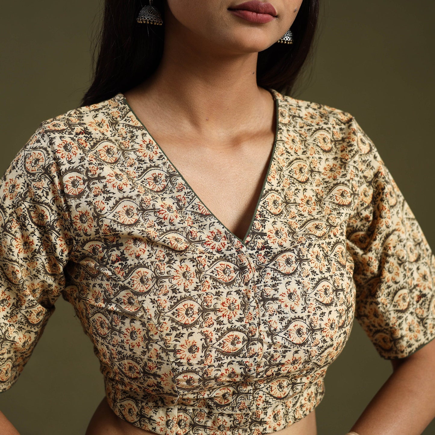 Buy Beige Pedana Block Print Cotton Stitched Kalamkari Blouse