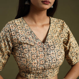 Buy Beige Pedana Block Print Cotton Stitched Kalamkari Blouse