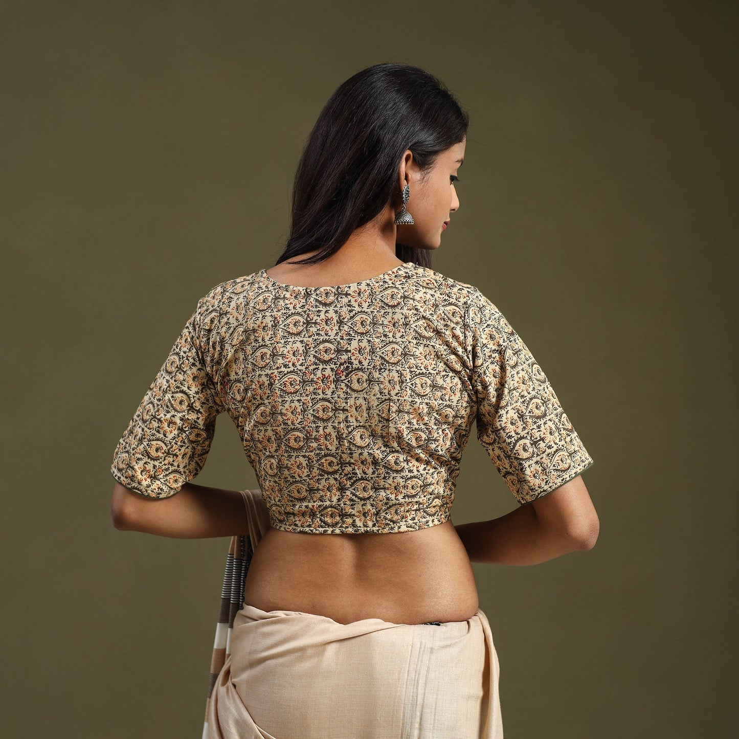 Buy Beige Pedana Block Print Cotton Stitched Kalamkari Blouse