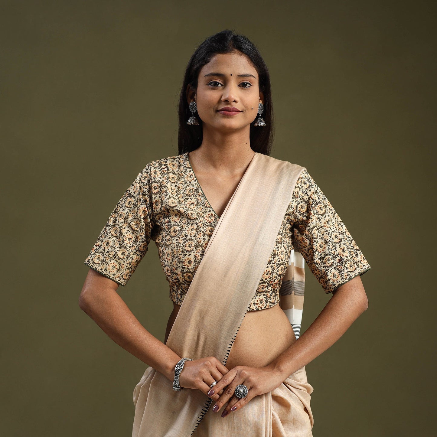 Buy Beige Pedana Block Print Cotton Stitched Kalamkari Blouse