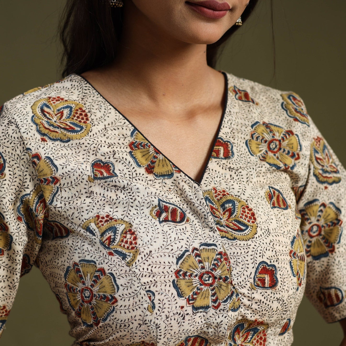 Buy Beige Pedana Block Print Cotton Stitched Kalamkari Blouse