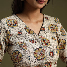 Buy Beige Pedana Block Print Cotton Stitched Kalamkari Blouse