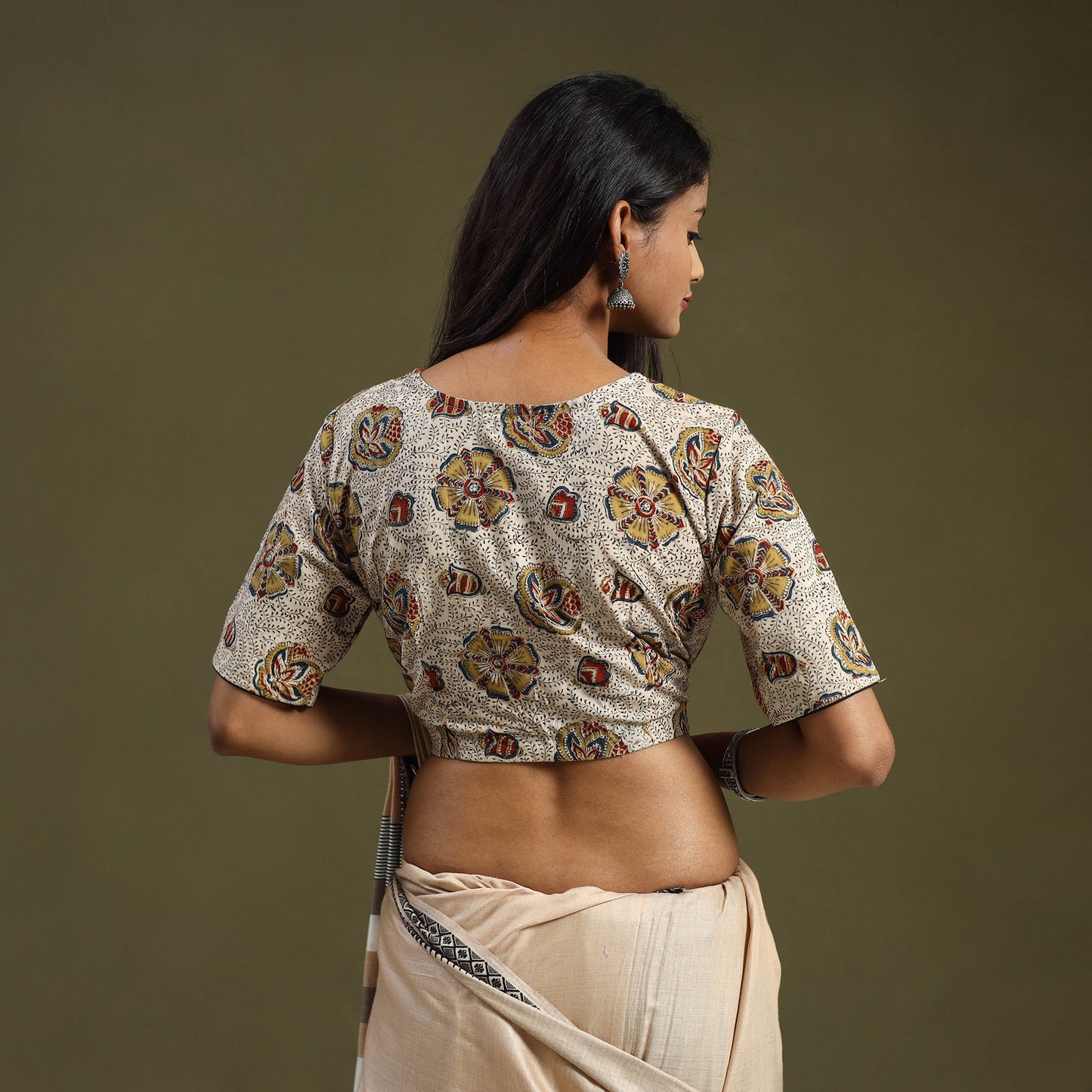 Buy Beige Pedana Block Print Cotton Stitched Kalamkari Blouse