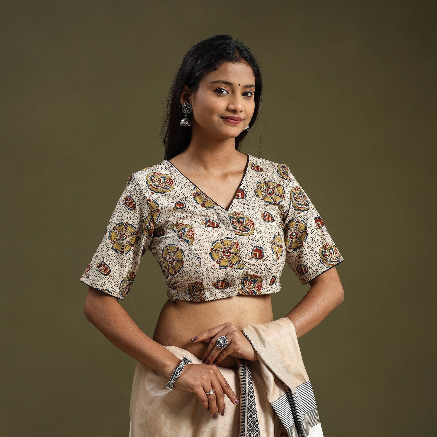 Buy Beige Pedana Block Print Cotton Stitched Kalamkari Blouse