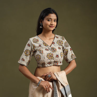 Buy Beige Pedana Block Print Cotton Stitched Kalamkari Blouse