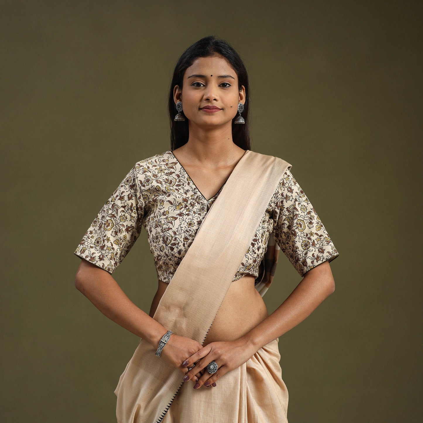 Buy Beige Pedana Block Print Cotton Stitched Kalamkari Blouse