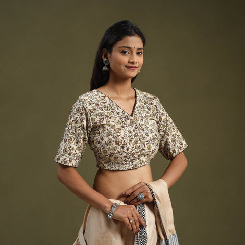 Buy Beige Pedana Block Print Cotton Stitched Kalamkari Blouse