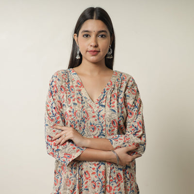Pedana Beige Block Print Cotton Straight Kalamkari Kurta for Women