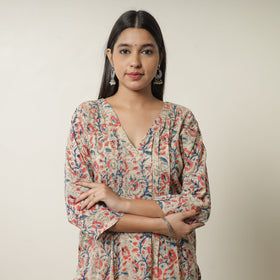 Pedana Beige Block Print Cotton Straight Kalamkari Kurta for Women
