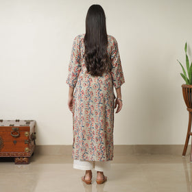 Pedana Beige Block Print Cotton Straight Kalamkari Kurta for Women