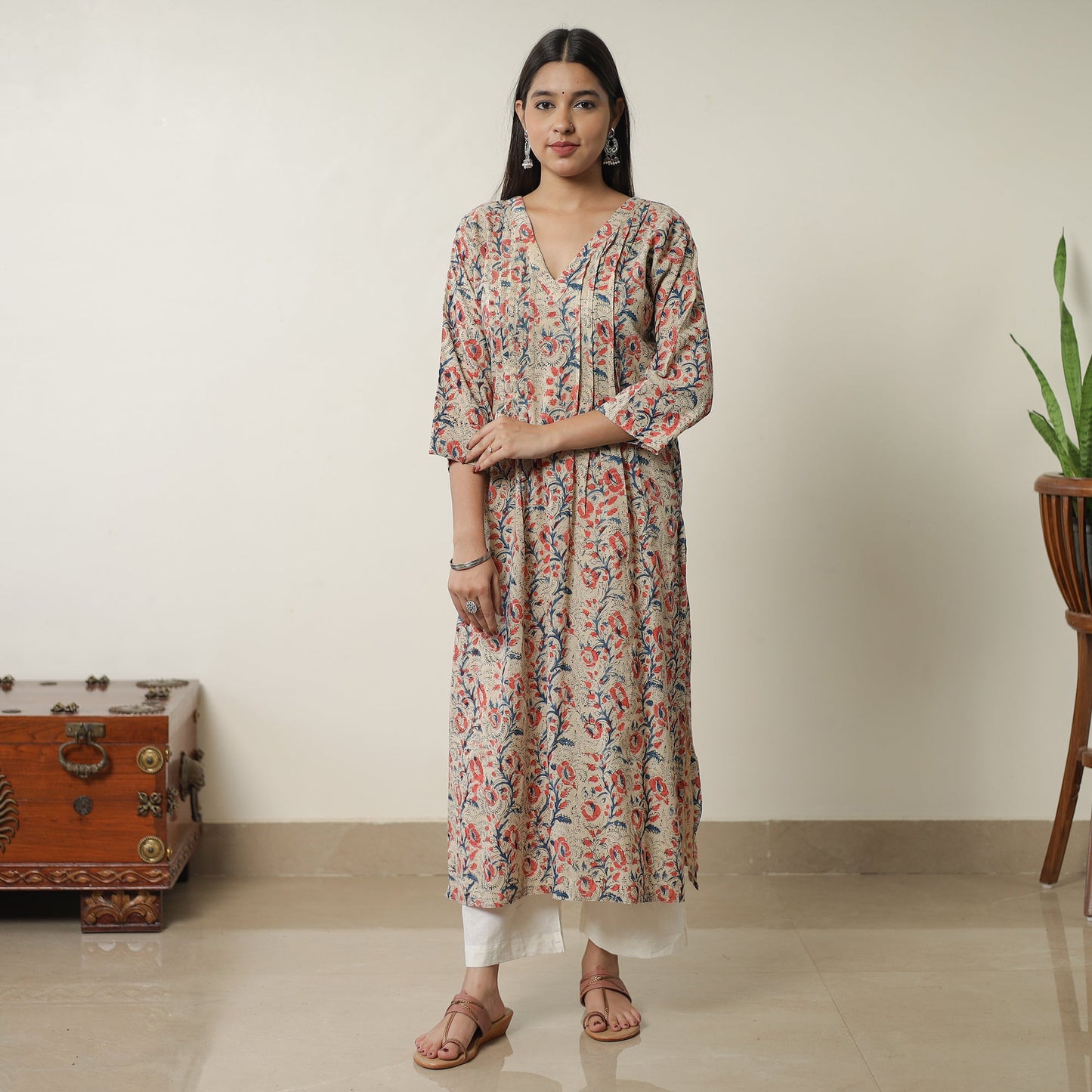 Pedana Beige Block Print Cotton Straight Kalamkari Kurta for Women