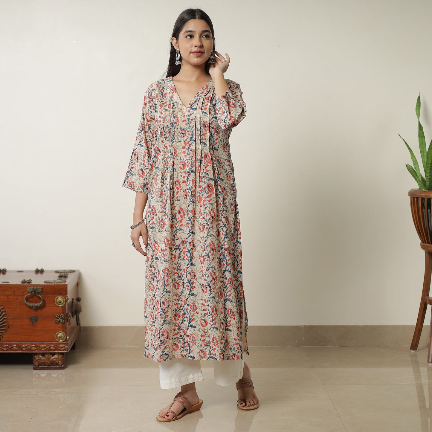 Pedana Beige Block Print Cotton Straight Kalamkari Kurta for Women