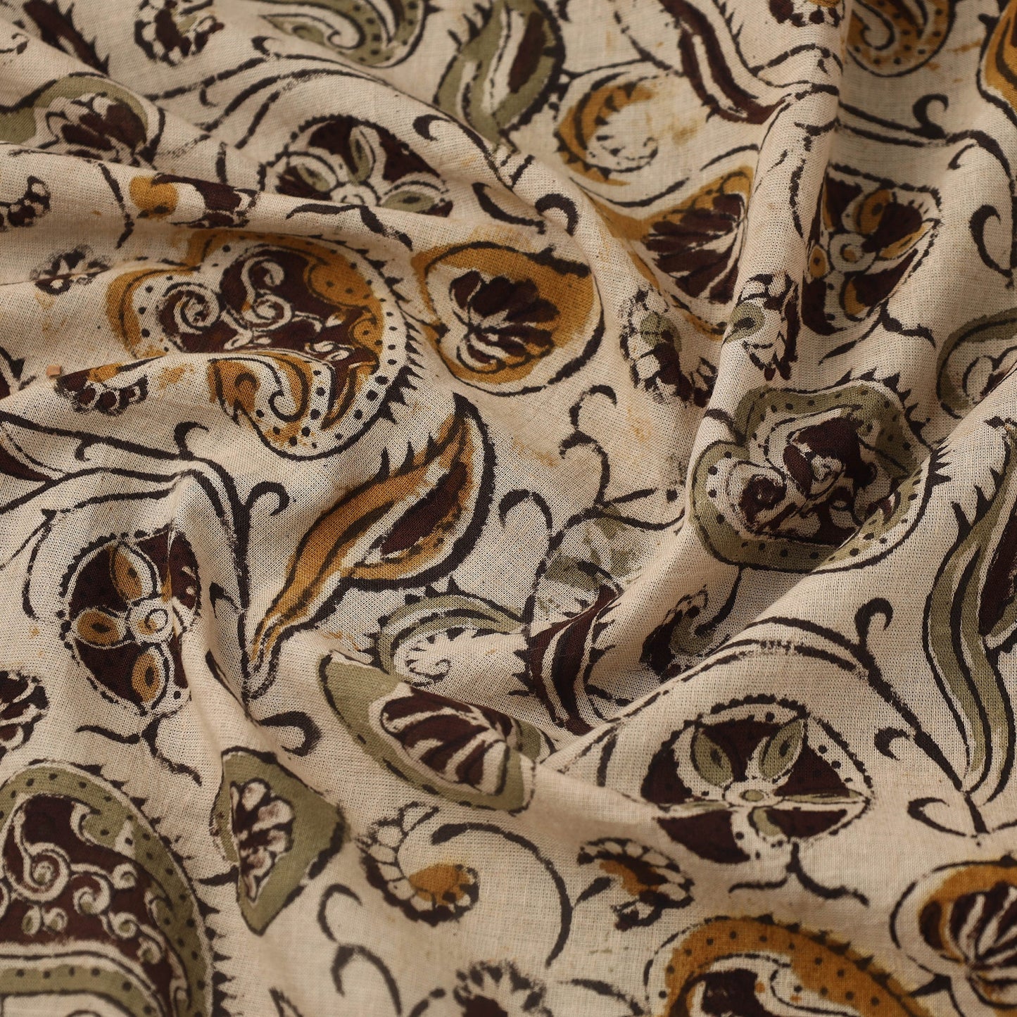 Beige Pedana Hand Block Print Mul Cotton Kalamkari Fabric