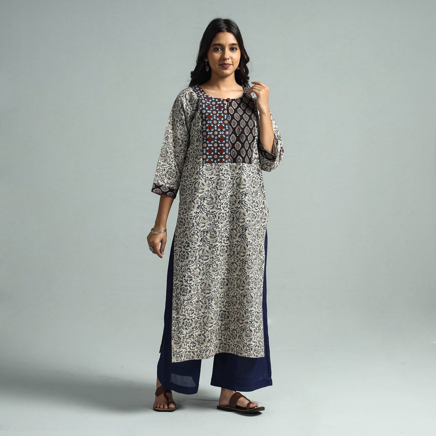  Pedana Kalamkari Block Printed Cotton Kurta with Palazzo Set 