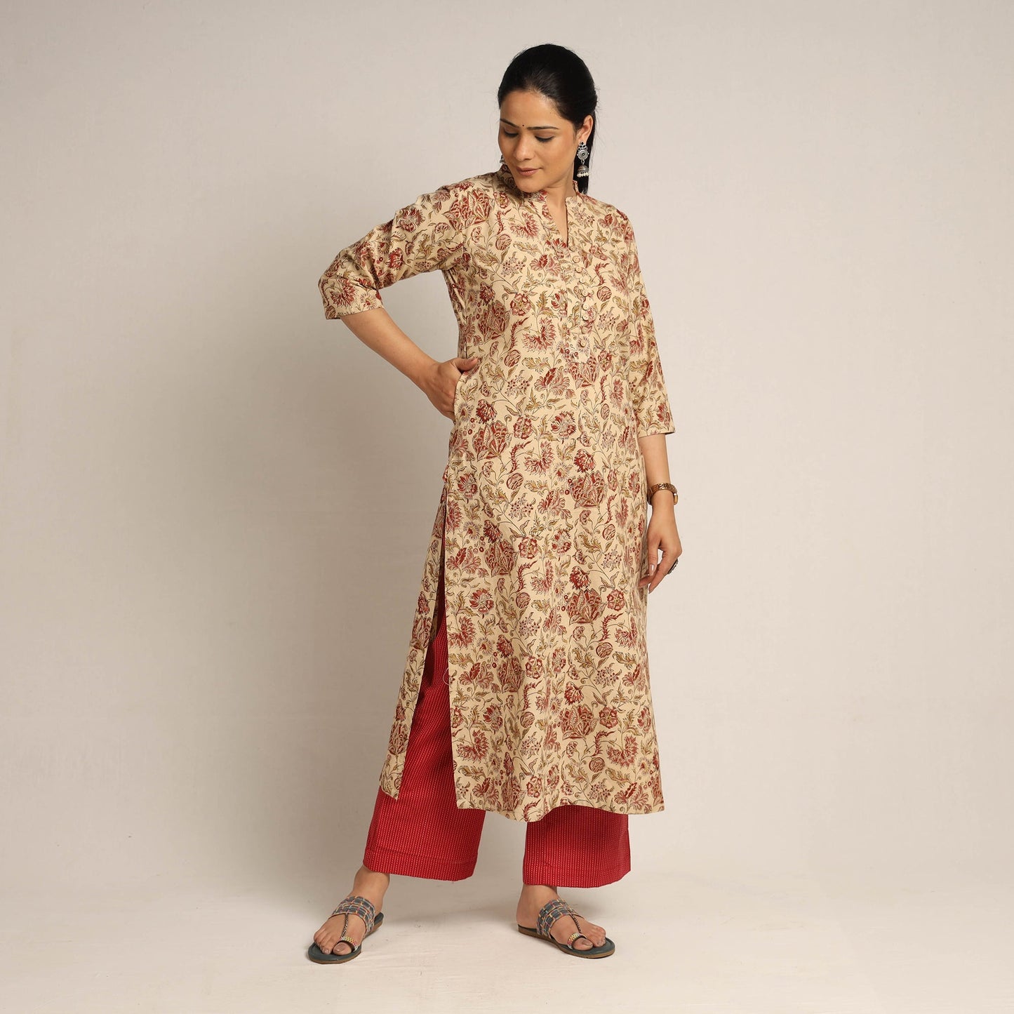 Beige - Buy Pedana Kalamkari Block Printed Cotton Kurta with Palazzo Set 