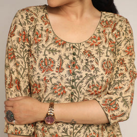 Beige - pedana kalamkari printed cotton kurta with palazzo