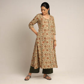 Beige - pedana kalamkari printed cotton kurta with palazzo
