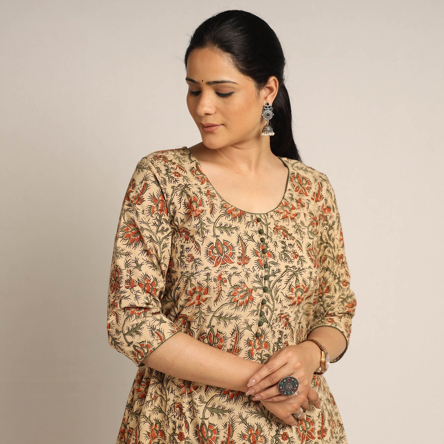 Beige - pedana kalamkari printed cotton kurta with palazzo