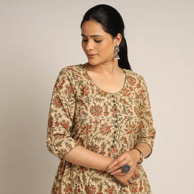 Beige - pedana kalamkari printed cotton kurta with palazzo