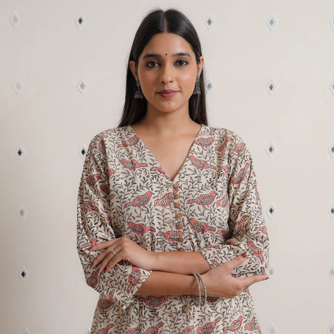 Pedana Kalamkari Block Print Cotton A-Line Kurta For Women