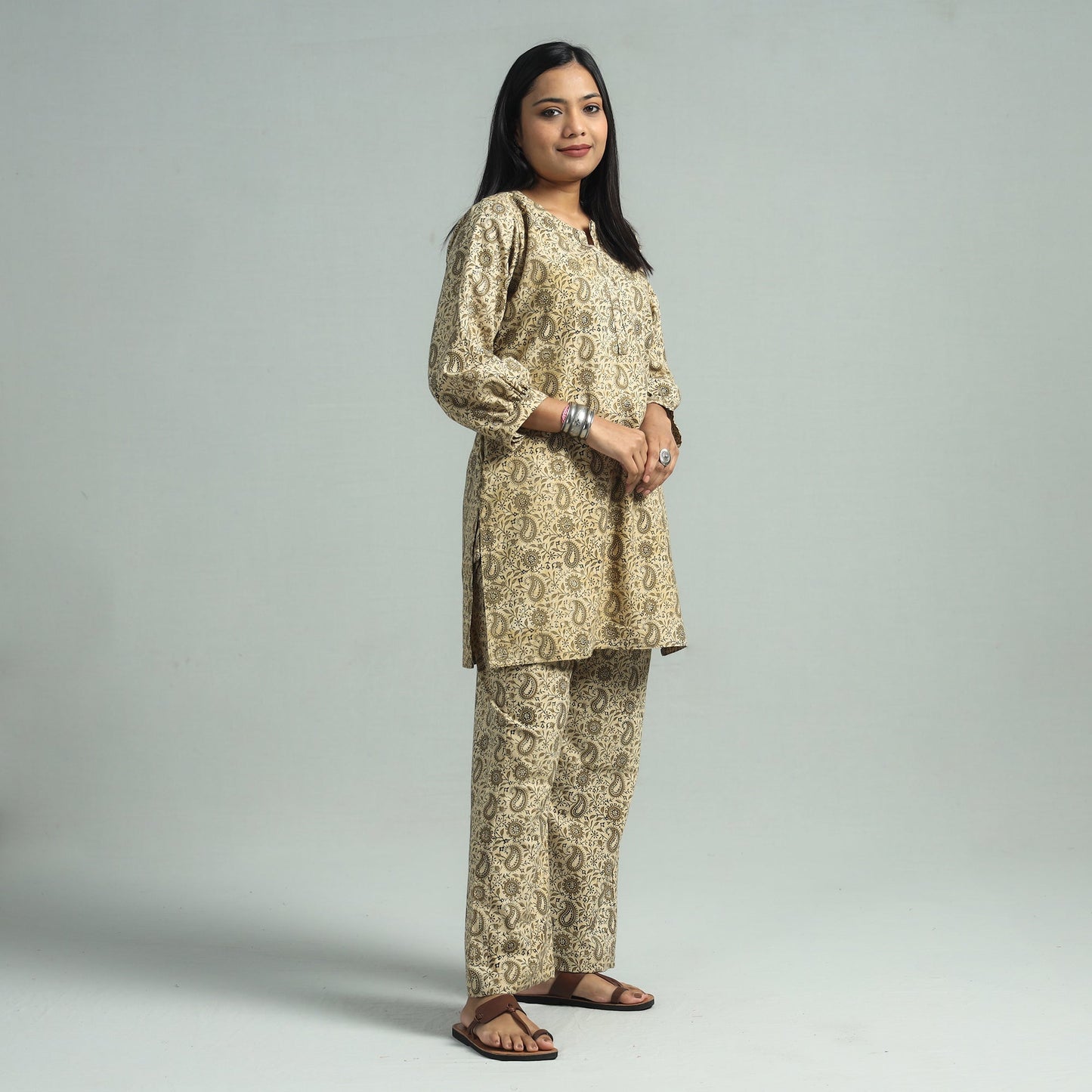 Beige - Pedana Kalamkari Block Printed Cotton Co-Ord Set