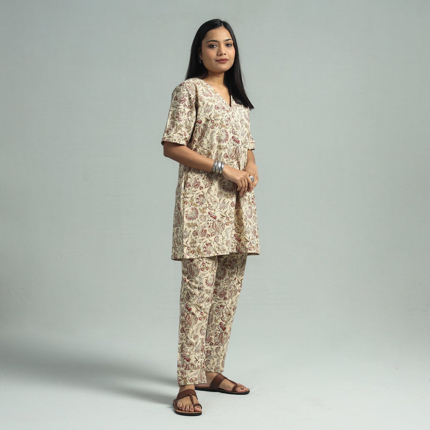 Beige - Pedana Kalamkari Block Printed Cotton Co-Ord Set