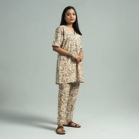 Beige - Pedana Kalamkari Block Printed Cotton Co-Ord Set