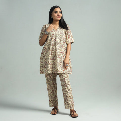 Beige - Pedana Kalamkari Block Printed Cotton Co-Ord Set
