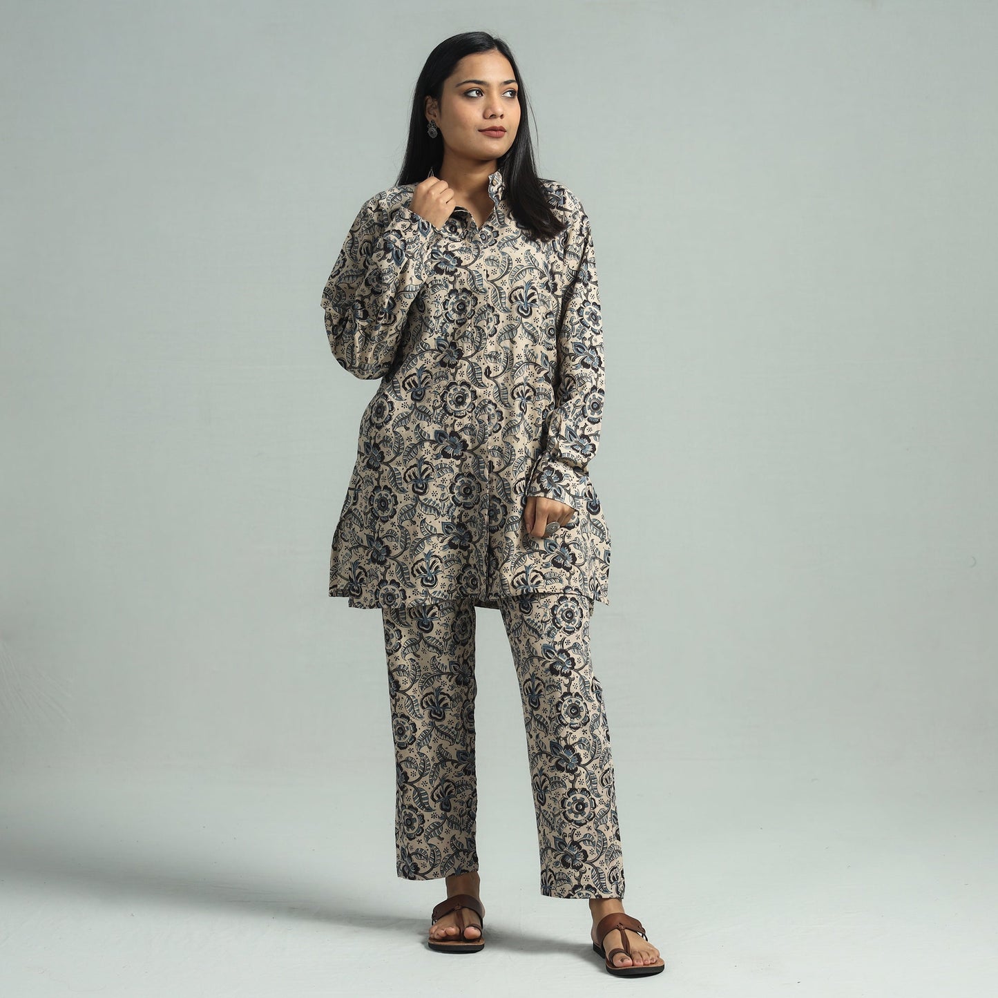 Beige - pedana kalamkari block printed cotton co-ord set