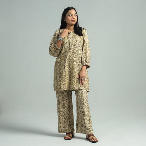 Beige - Pedana Kalamkari Block Printed Cotton Co-Ord Set