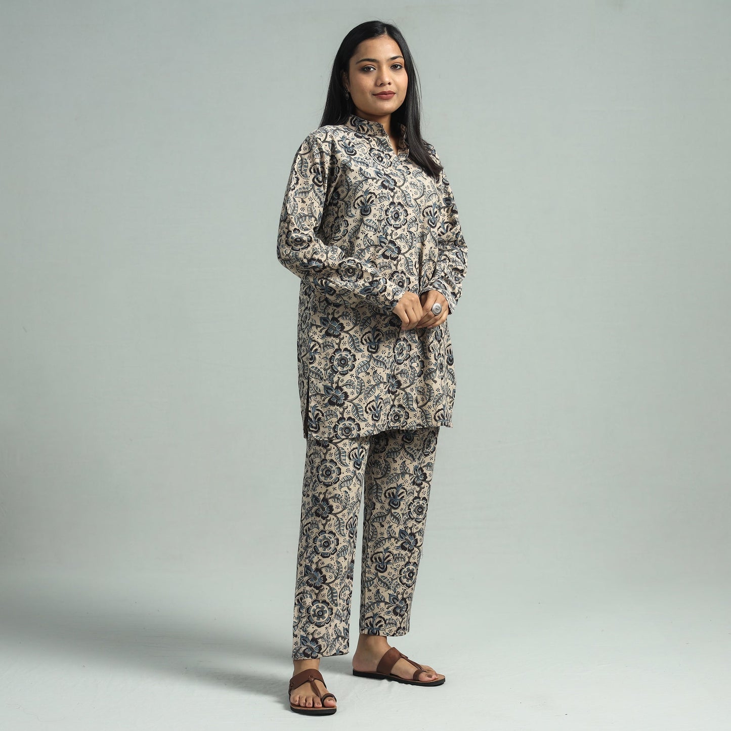 Beige - pedana kalamkari block printed cotton co-ord set