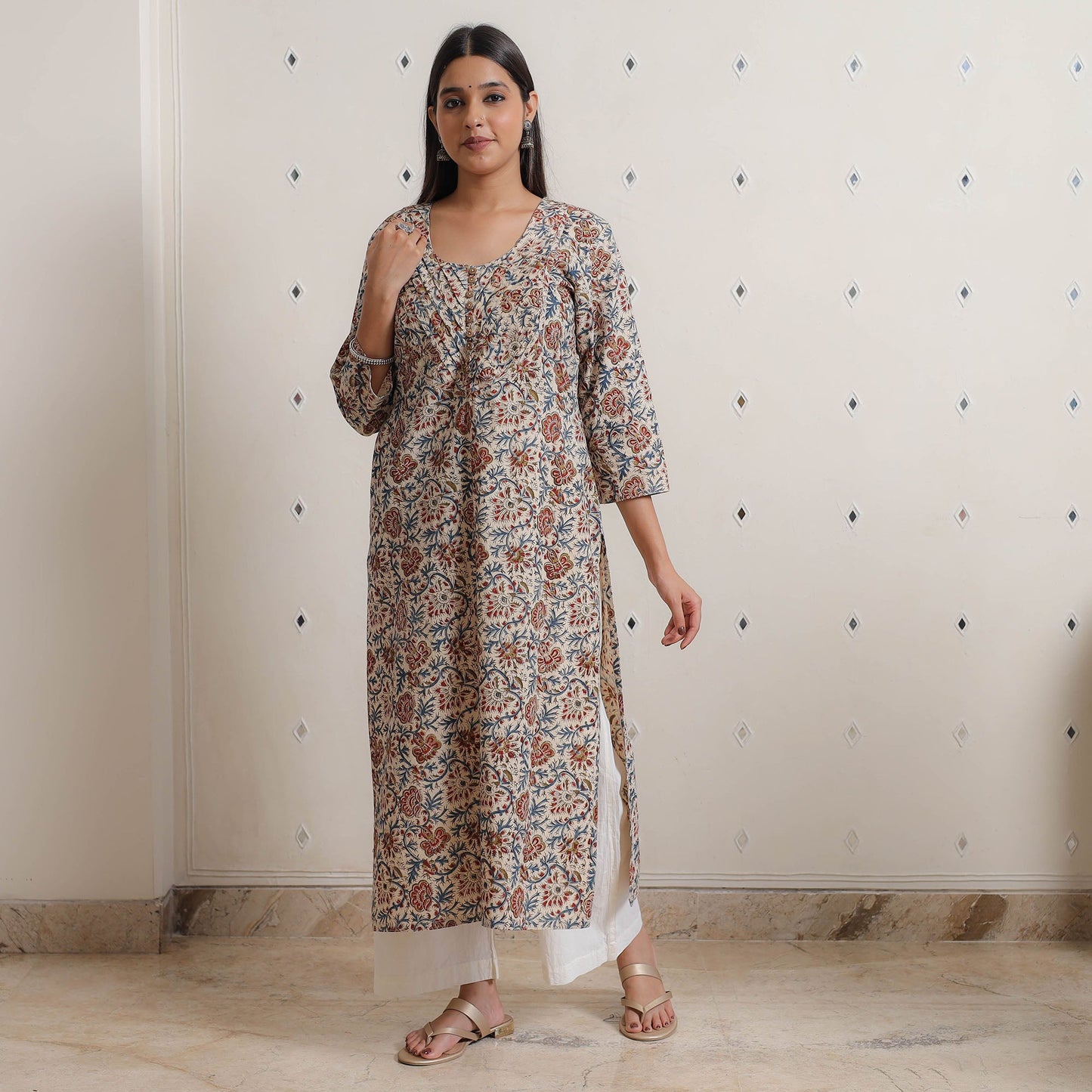 Buy Pedana Kalamkari Block Printed Cotton Pintuck Straight Kurta 13 Online at iTokri.com