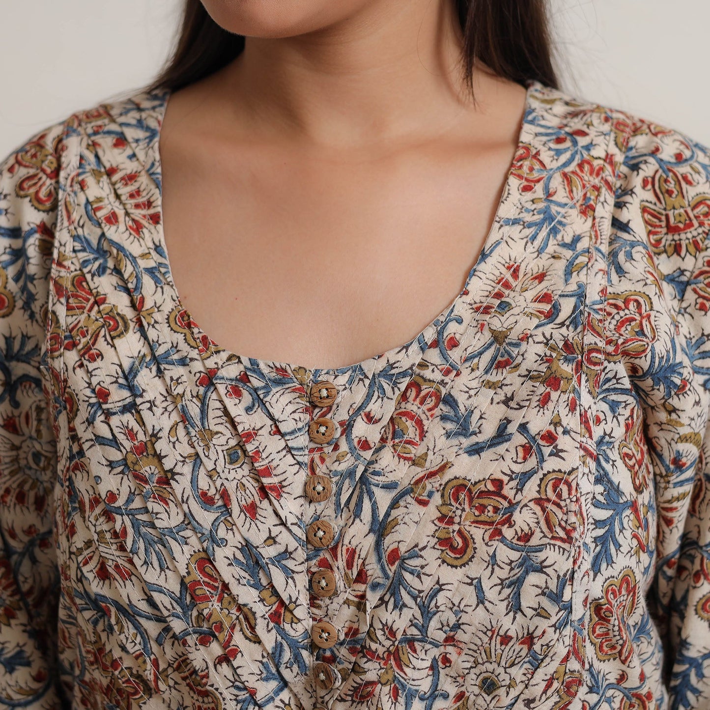 Buy Pedana Kalamkari Block Printed Cotton Pintuck Straight Kurta 13 Online at iTokri.com
