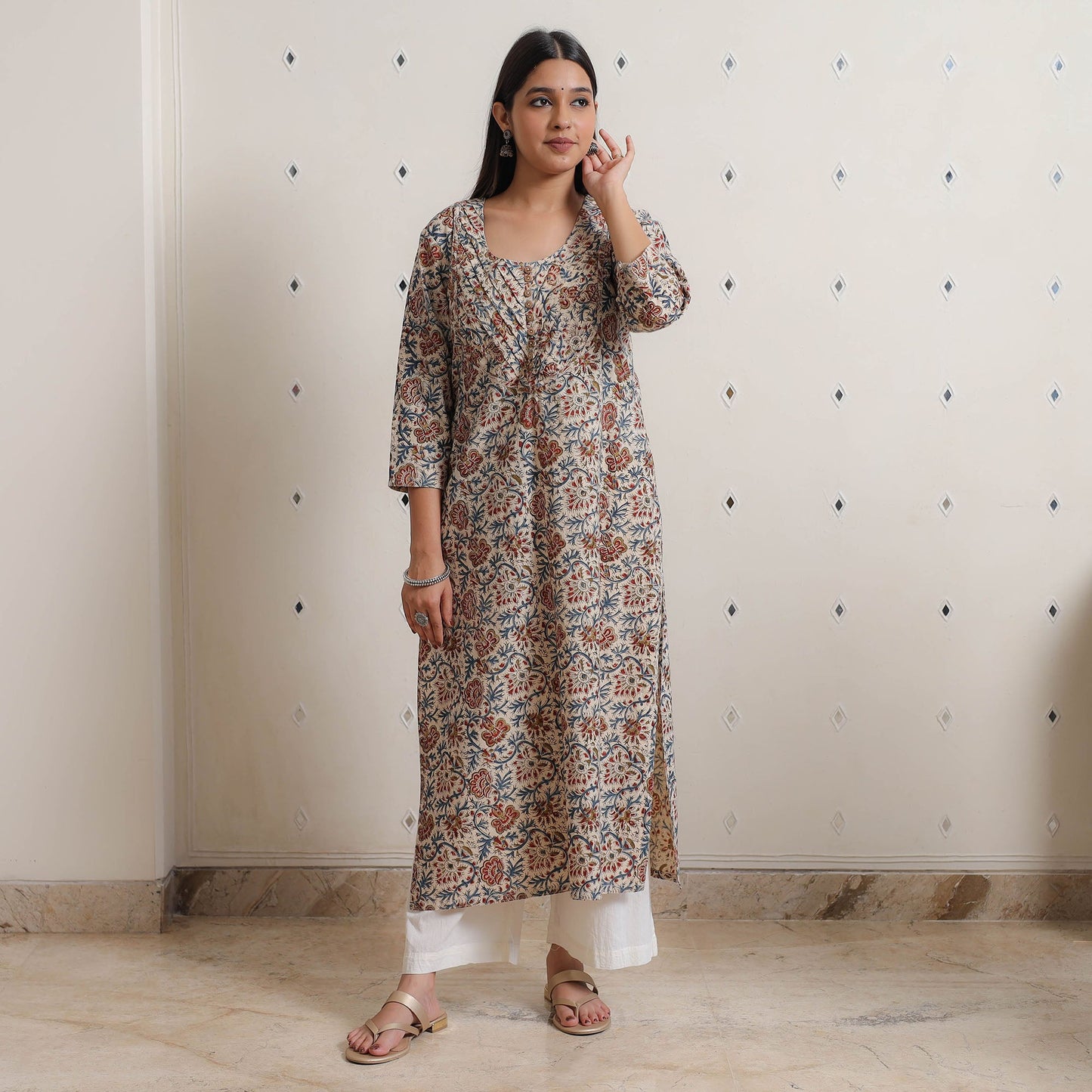 Buy Pedana Kalamkari Block Printed Cotton Pintuck Straight Kurta 13 Online at iTokri.com