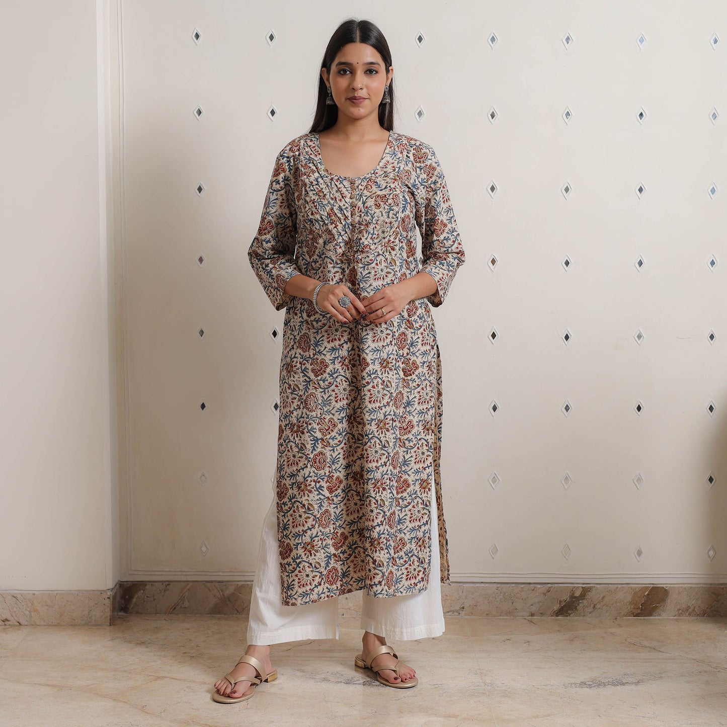 Buy Pedana Kalamkari Block Printed Cotton Pintuck Straight Kurta 13 Online at iTokri.com