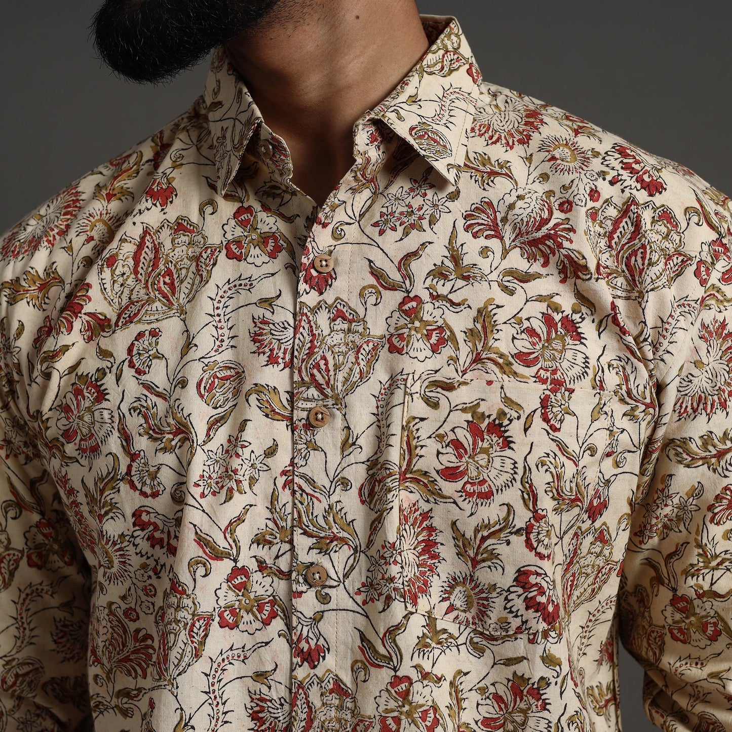 Beige - Pedana Kalamkari Block Print Cotton Men Full Sleeve Shirt