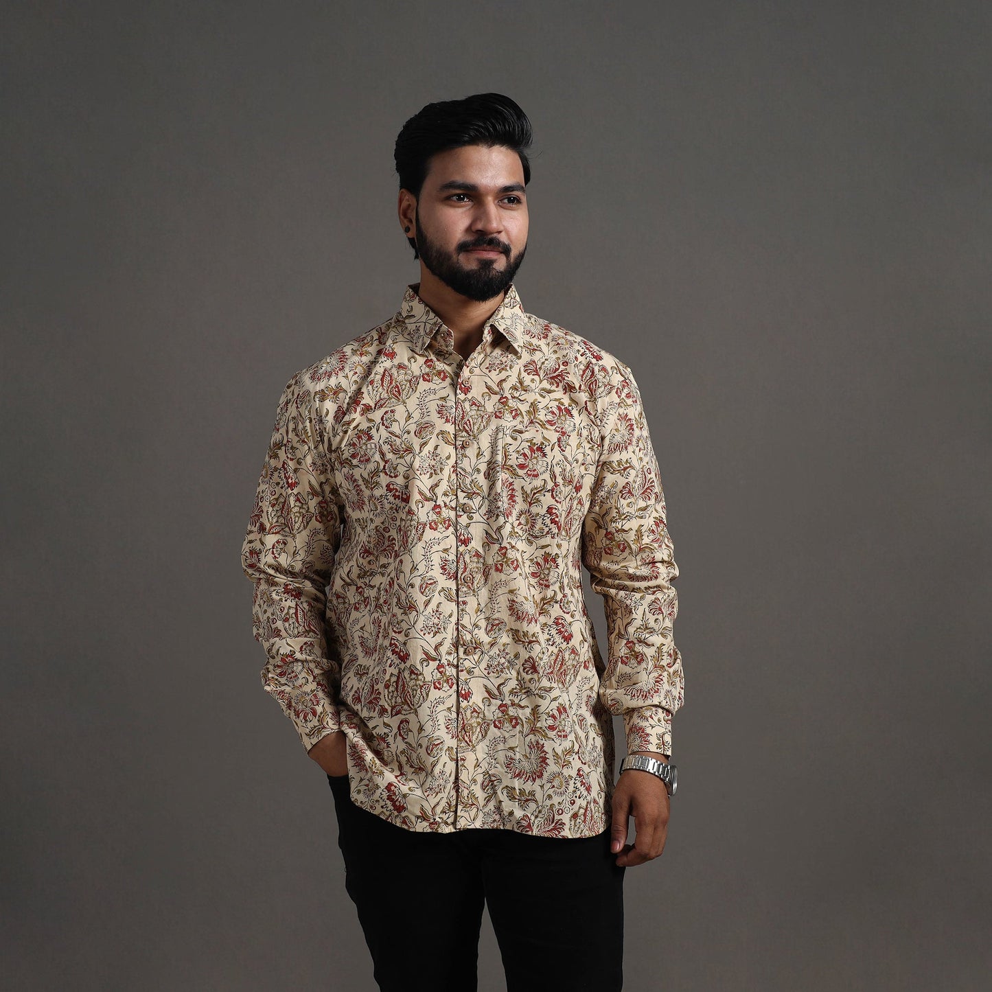 Beige - Pedana Kalamkari Block Print Cotton Men Full Sleeve Shirt