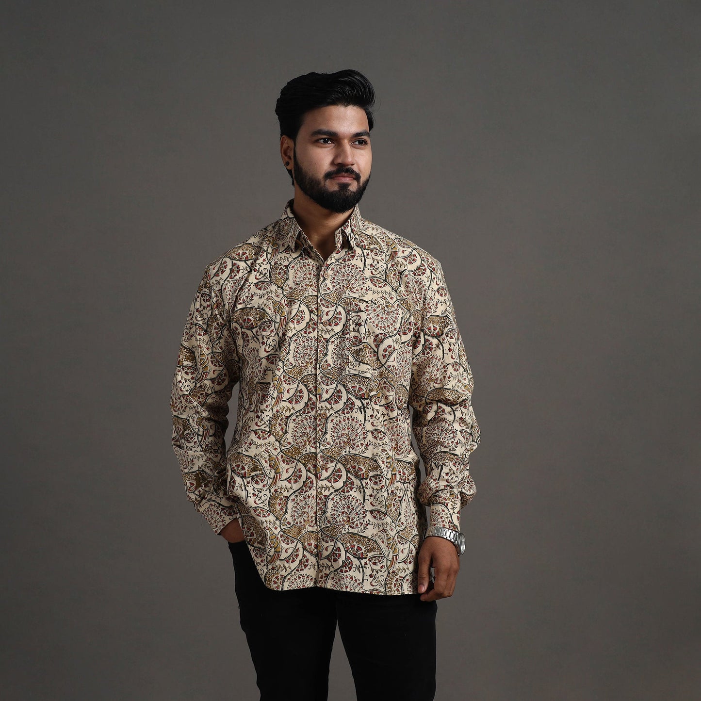 Beige Pedana Kalamkari Block Print Cotton Men Full Sleeve Shirt
