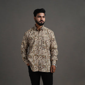 Beige Pedana Kalamkari Block Print Cotton Men Full Sleeve Shirt
