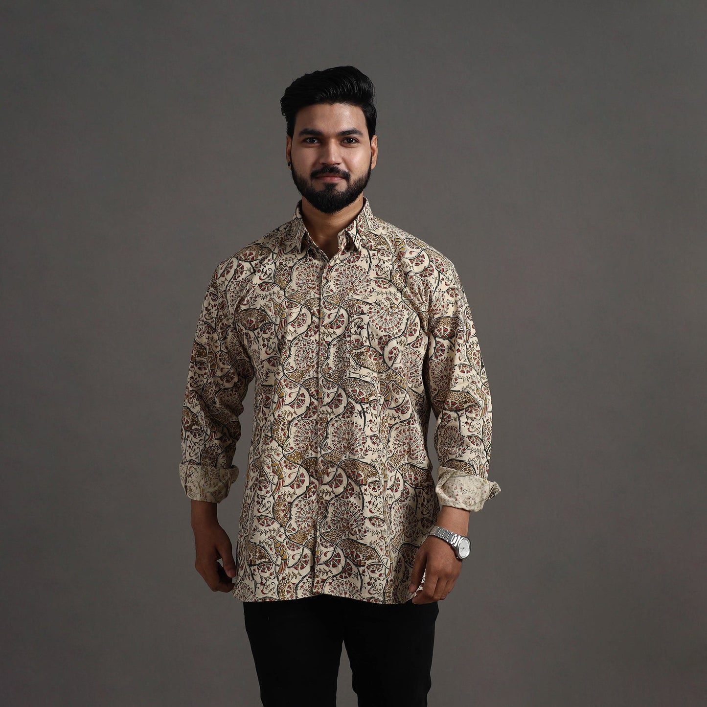 Beige Pedana Kalamkari Block Print Cotton Men Full Sleeve Shirt